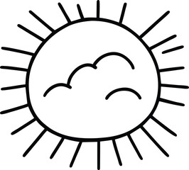 Sun icon black outline drawing or doodle logo sunlight sign symbol weather clouds element cartoon style vector illustration
