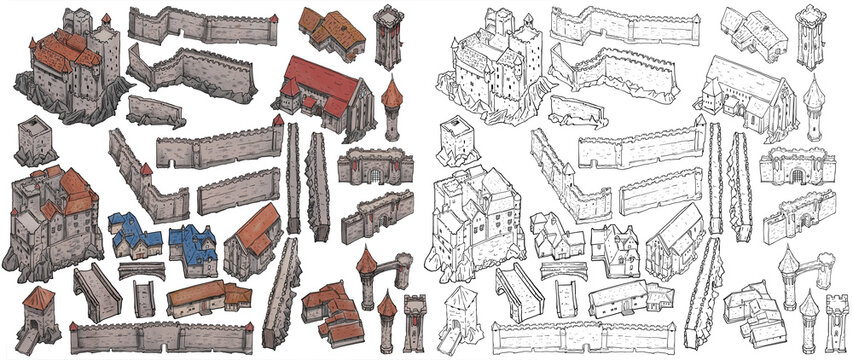 The fantasy city constructor with houses, walls, towers, castles and gates is made in a chaotic style without a clear structure, which makes the constructor more man-made. 2d art white background.