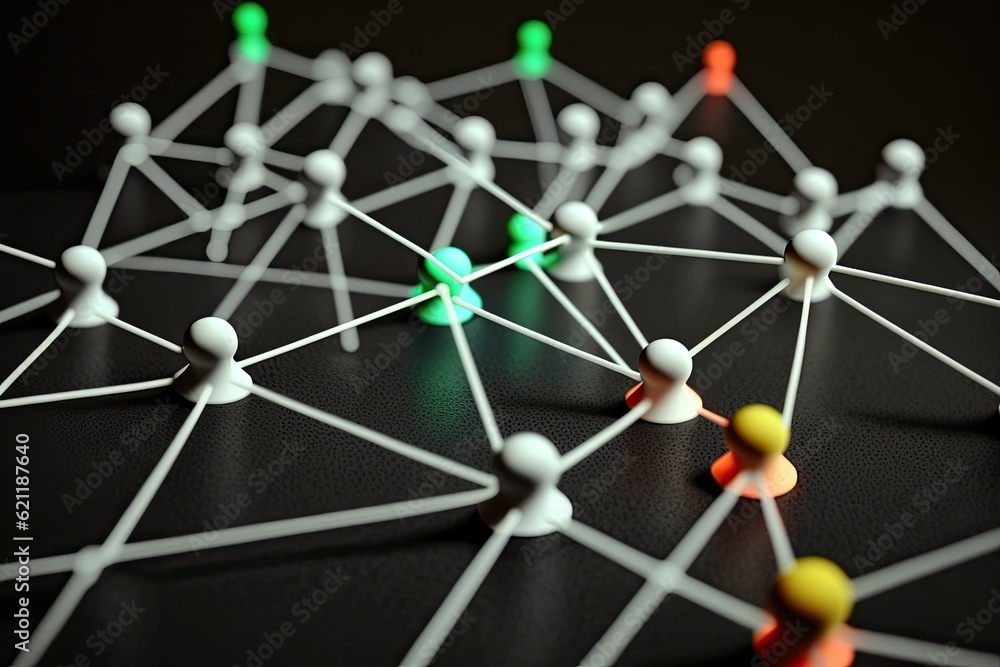 Poster close-up view of colorful pins arranged on a black background. generative ai