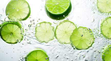 Close up of lime slices in water droplet on white background