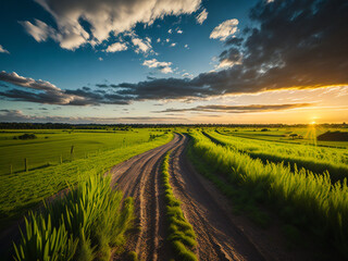 Dirt road through the fields of wheat at sunset. Nature composition.