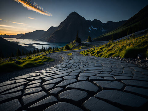 Cobblestone road leading to the mountain lake at sunset.
