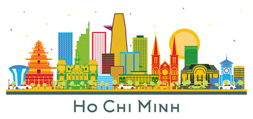 Ho Chi Minh Vietnam City Skyline with Color Buildings Isolated on White.