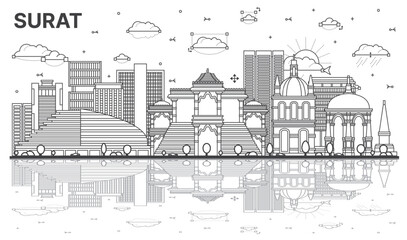 Outline Surat India City Skyline with Modern, Historic Buildings and Reflections Isolated on White.