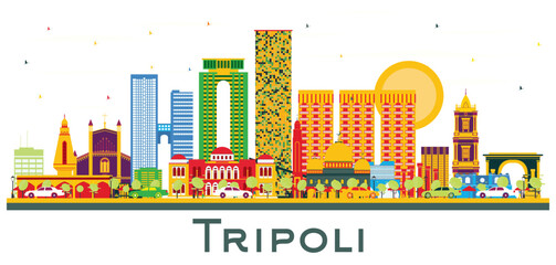 Tripoli Libya City Skyline with Color Buildings Isolated on White. - obrazy, fototapety, plakaty