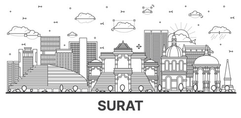 Outline Surat India City Skyline with Modern and Historic Buildings Isolated on White.