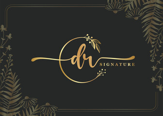 luxury signature initial DR logo design isolated leaf and flower
