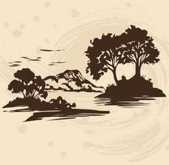 landscape in a minimalist style in one color on a light background vector stencil
