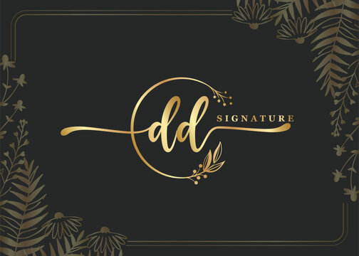 luxury gold signature initial DD logo design isolated leaf and flower
