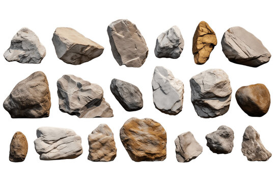 A collection of large rock stones isolated on a transparent background, Generative Ai