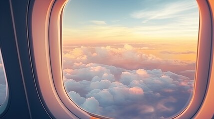 Airplane window view on a clouds and sunset outside of aircraft
