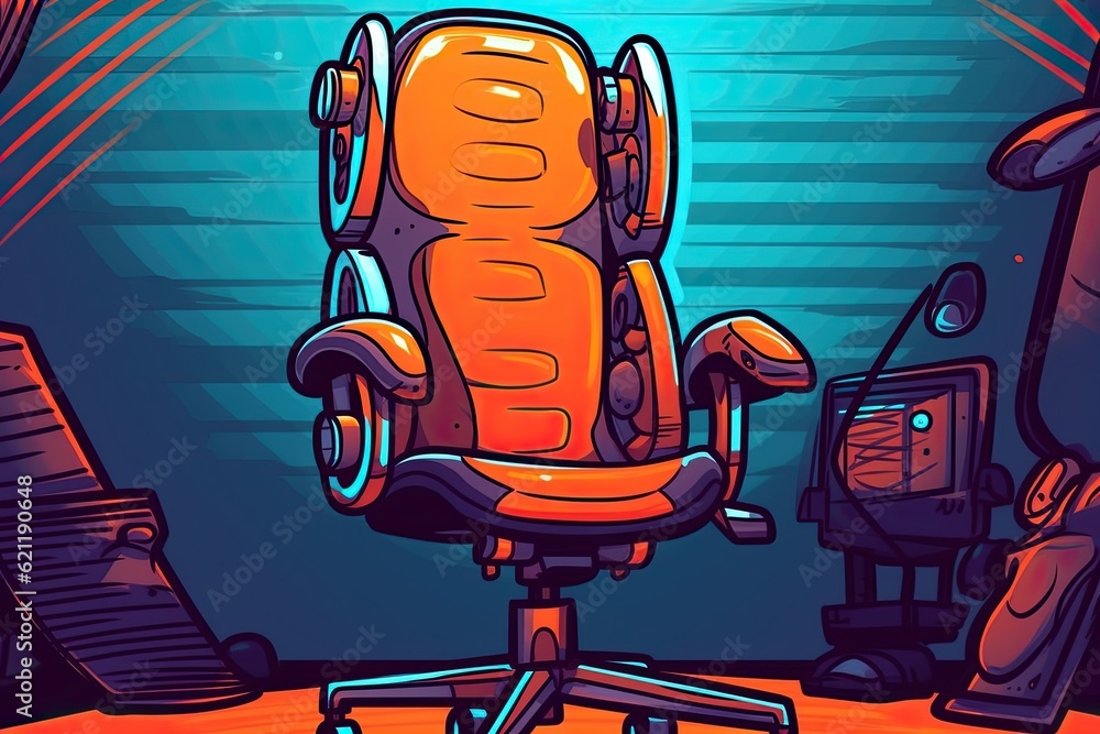 Poster n orange office chair and computer monitor setup for a productive work environment. generative ai