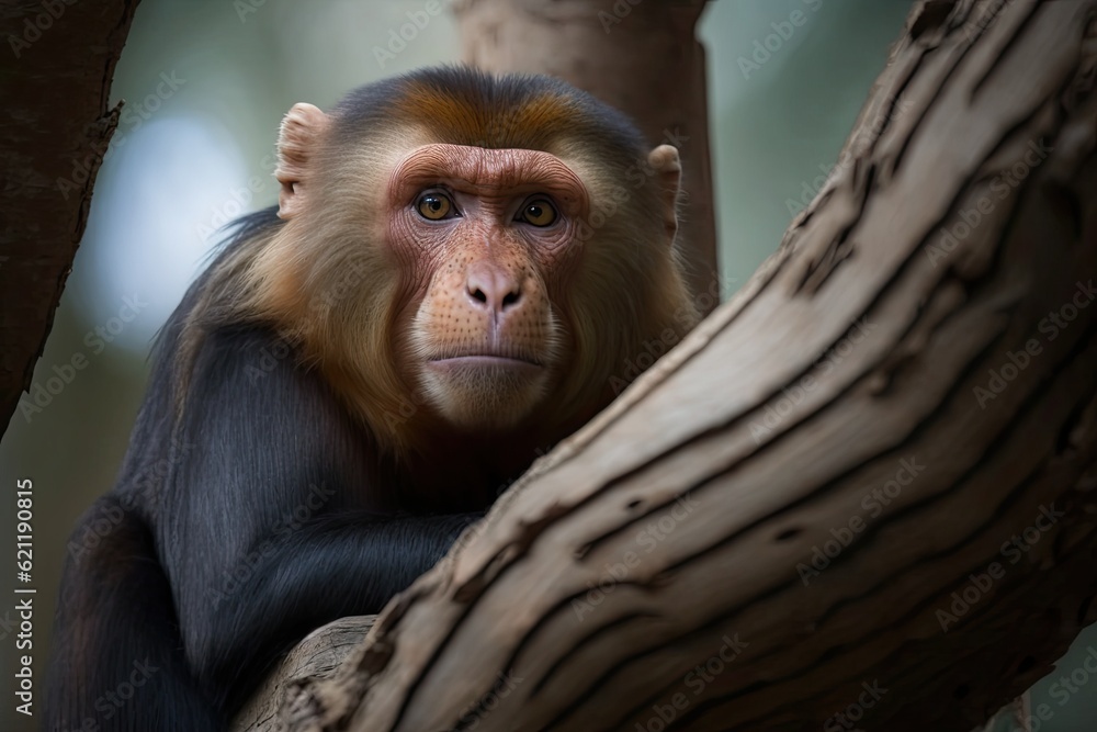 Poster curious monkey perched on a tree branch staring directly at the viewer. generative ai