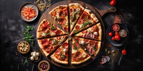 Generative AI. Fresh pizza on a wooden board. Pizza on the board 3d illustration concept