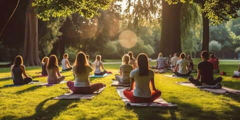 Generative AI. People doing yoga outdoors in the park. International yoga day concept.  - obrazy, fototapety, plakaty