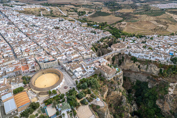 The drone aerial panoramic view of Ronda, Spain.  Ronda is a town in the Spanish province of...