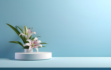 Blank cylinder podium with lily flowers on blue background. Display for product presentation