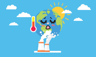 Global warming earth concept with sun, thermometer and cloud