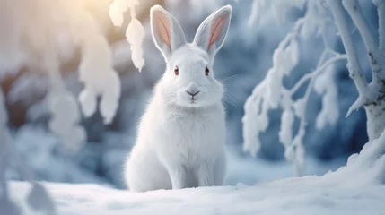 Foto op Aluminium White hare sits on the snow in the winter forest © zakiroff