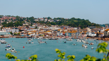 River Teign quay estuary with sea side view and houses in Teignmouth , United Kingdom, Devon, May...