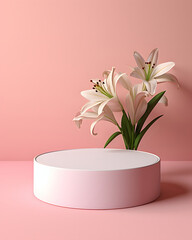 Blank cylinder podium with lily flowers on pink background