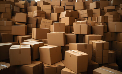Fototapeta premium Warehouse Stacked With Brown Cardboard Boxes Ready For Shipping