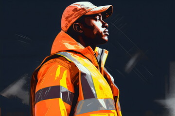 poc man wearing high vis orange vest at workplace, illustration made with generative ai