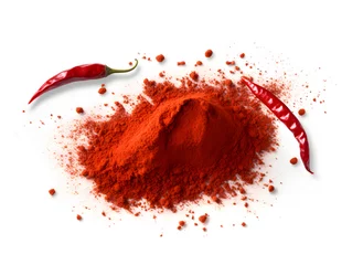 Fotobehang Raw red chili and powder burst top view © MAJGraphics
