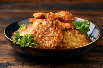 Crispy Potato pancakes rosti fritters with herbs and garlic