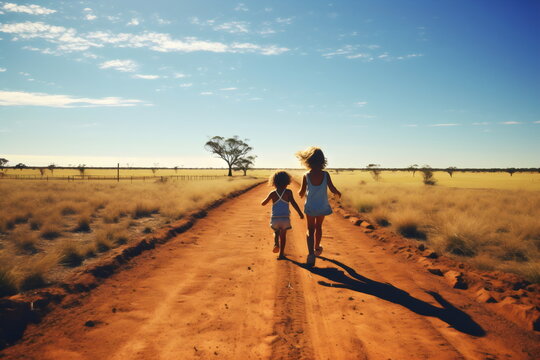 kids running down track in outback desert sunshine, lomo photograph made with generative ai