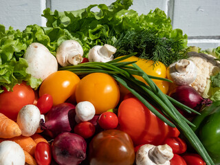 A pile of fresh, healthy and colorful vegetables in bright sunlight with white brick wall in background. Tomatoes, onions, carrots, peppers, cauliflower, salad, dill and champignons