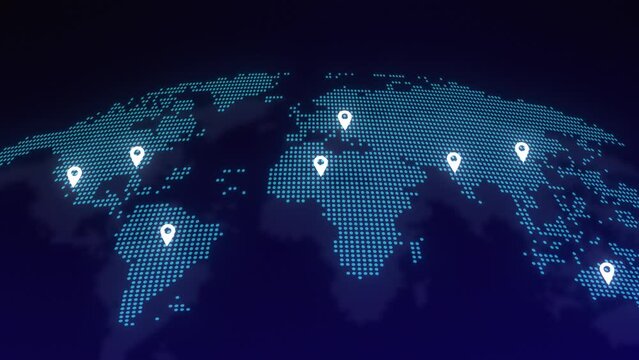 World map with pins, Distribution of services, Worldwide business, Global communication, Navigation and travel concept. Hi-tech futuristic style, 3d. animated stock footage 4k.