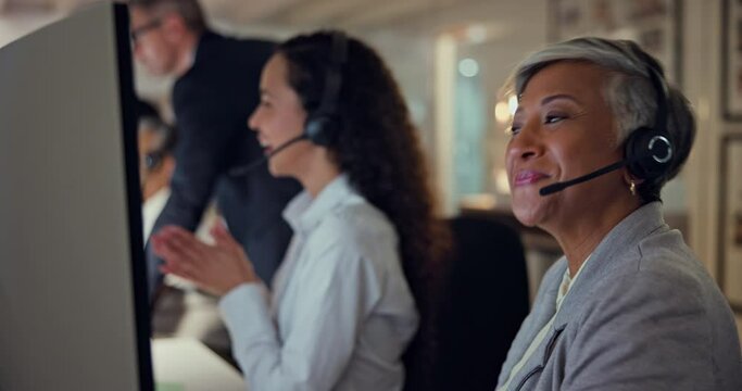 Call center, woman and customer service at computer for telecom support, sales contact and working late. Happy female telemarketing agent, advisory communication and CRM help desk in coworking office