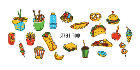  Fast Food and others street food. Vector. Icon set.