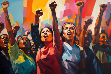 protest with raised fists, colorful painting made with generative ai