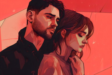 sad couple in red stylized illustration made with generative ai