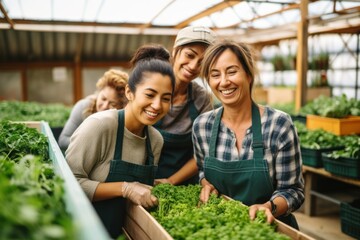 Happy multiethnic female farmer working inside the greenhouse