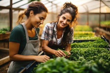 Happy multiethnic female farmer working inside the greenhouse - obrazy, fototapety, plakaty