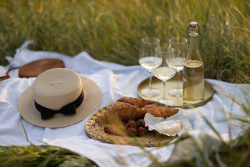 Beautiful summer picnic in the park with tasty fresh berries, croissants, cheese and wine. Pleasure time at nature.	