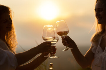 A group of happy smiling girlfriends raise a toast with glasses of white wine on a sunset. Close shot.	