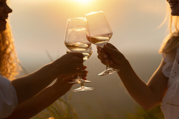 A group of happy smiling girlfriends raise a toast with glasses of white wine on a sunset. Close...