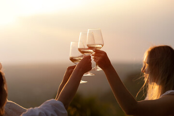 A group of girlfriends toasting glasses with wine at sunset. Together clinking glasses, close-up.	