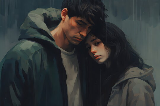 sad couple comforting each other, dark painting illustration made with generative ai