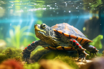 Cute Red-eared Slider in nature, national geography, Wide life animals. AI Generated.