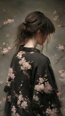 beautiful goth teen wearing a delicate kimono in the style of neo noir anime art style illustration artwork. generative AI 