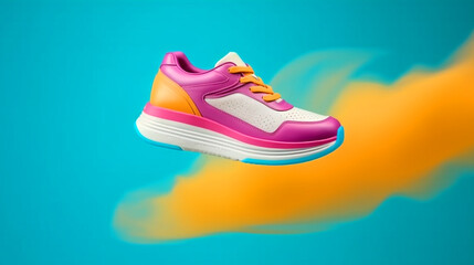 Flying trendy sneakers on creative colorful background