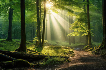 A lush green forest with rays of sunlight peeking had a small, narrow river. Moist, full of moss on the rocks. Generative AI