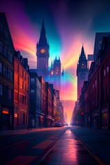 A silhouette of a tower appearing in the strange and colorful sky above a city at night in a wondrous scene - obrazy, fototapety, plakaty