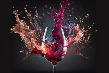 Wine Glass with red wine splash on dark background. Pouring red wine. Generative AI