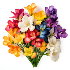 Fototapeta premium Different colors Freesia flowers bouquet on white background